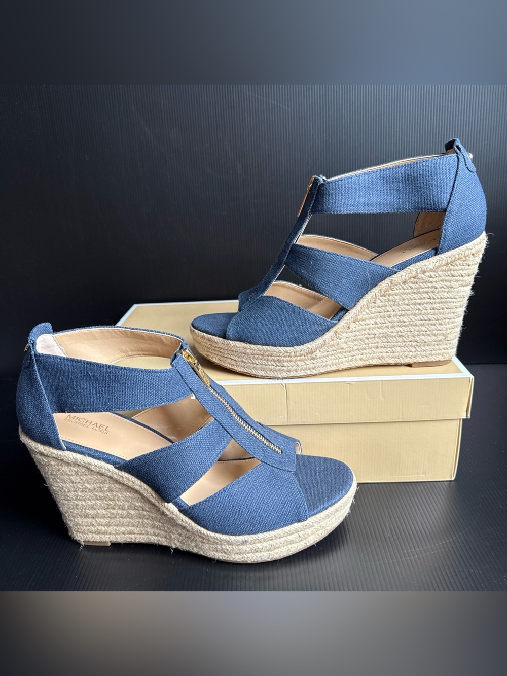 Pre-Owned Michael Kors Navy Canvas Damita Wedge Espadrille Women’s Size 9.5